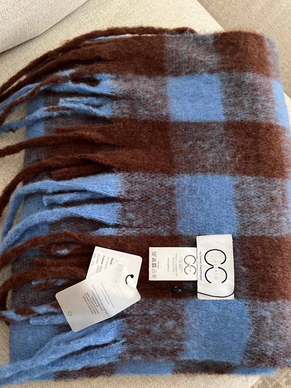 NWT Coster Copenhagen CC Heart Maren Scarf Blue Brown Check